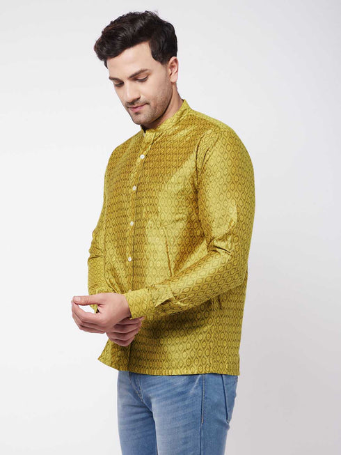 Men's Yellow Silk Blend Ethnic Shirt